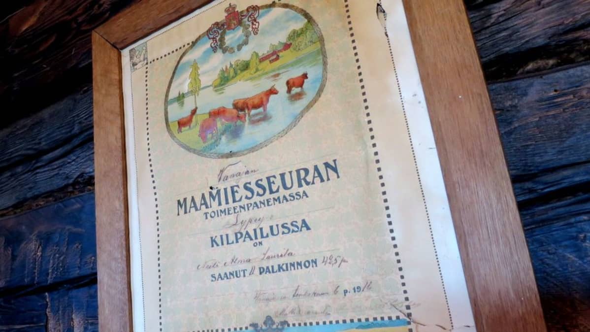 Rapistunut ja kellastunut todistus raameissa tummalla hirsiseinällä