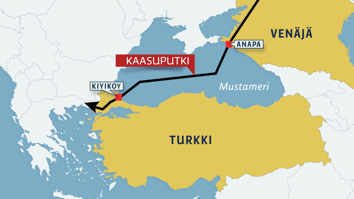 Kartta Turkin ja Venäjän välisestä kaasuputkesta.