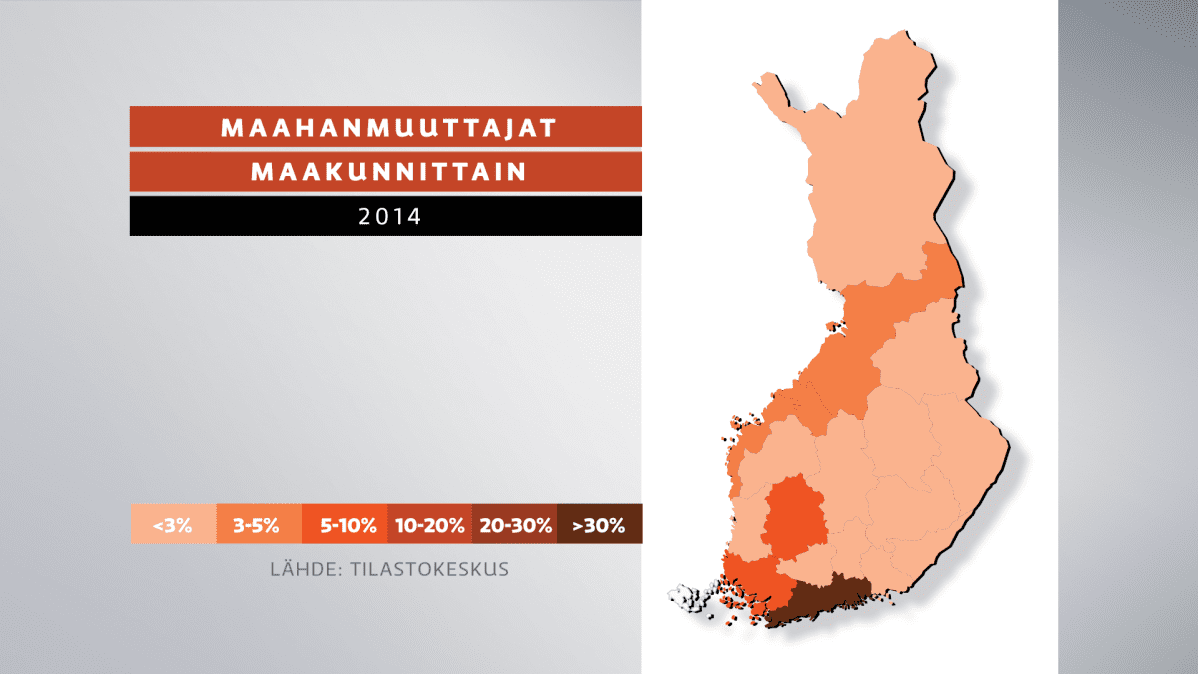 Maahanmuuttajien sijoittuminen maakunnittain. Prosenttiosuudet laskettu maahanmuuttajien koko määrästä.