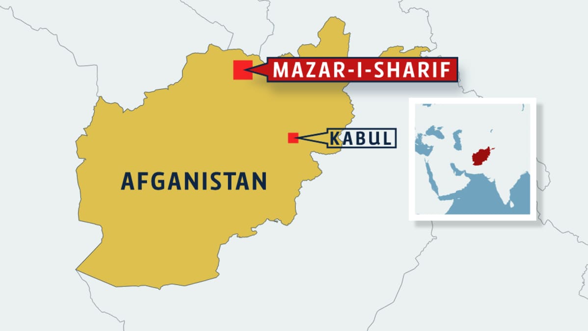 Afganistanin kartta, jossa Mazar-i-Sharif ja Kabul.