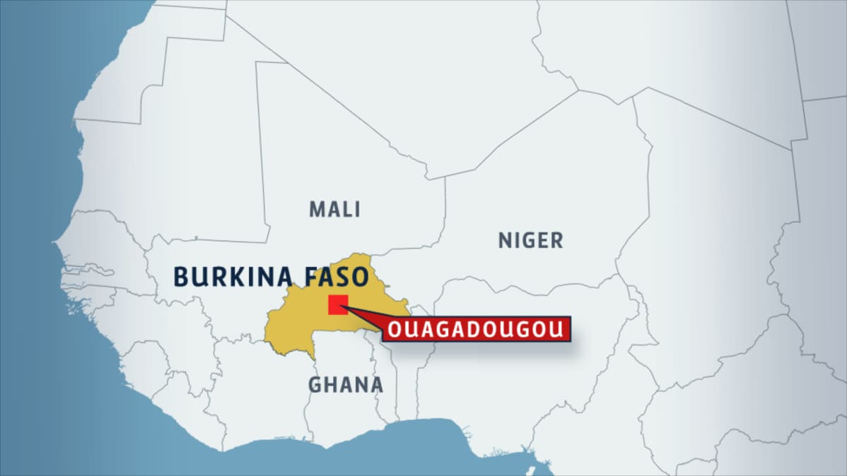 Kartta, jossa näkyy Burkina Fason sijainti Afrikassa. Karttaan on merkitty myös pääkaupunki Ouagadougou.