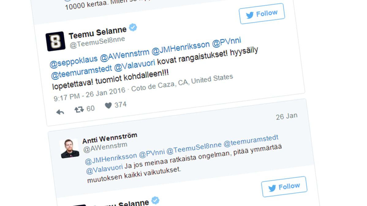 Kuvakaappaus Teemu Selänteen tweetistä.
