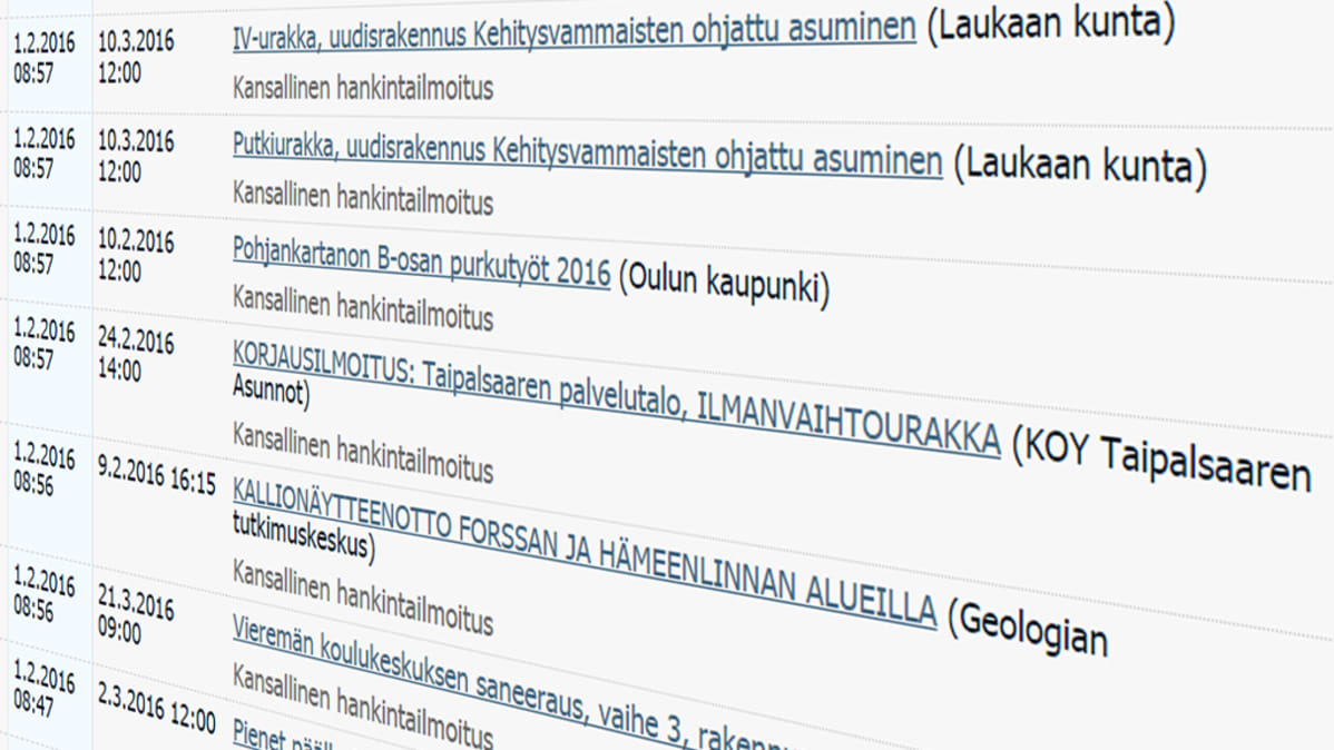 Kuntien ja kaupunkien tarjouspyynnöt löytyvöt netistä. Kuva Hilma-järjestelmästä.