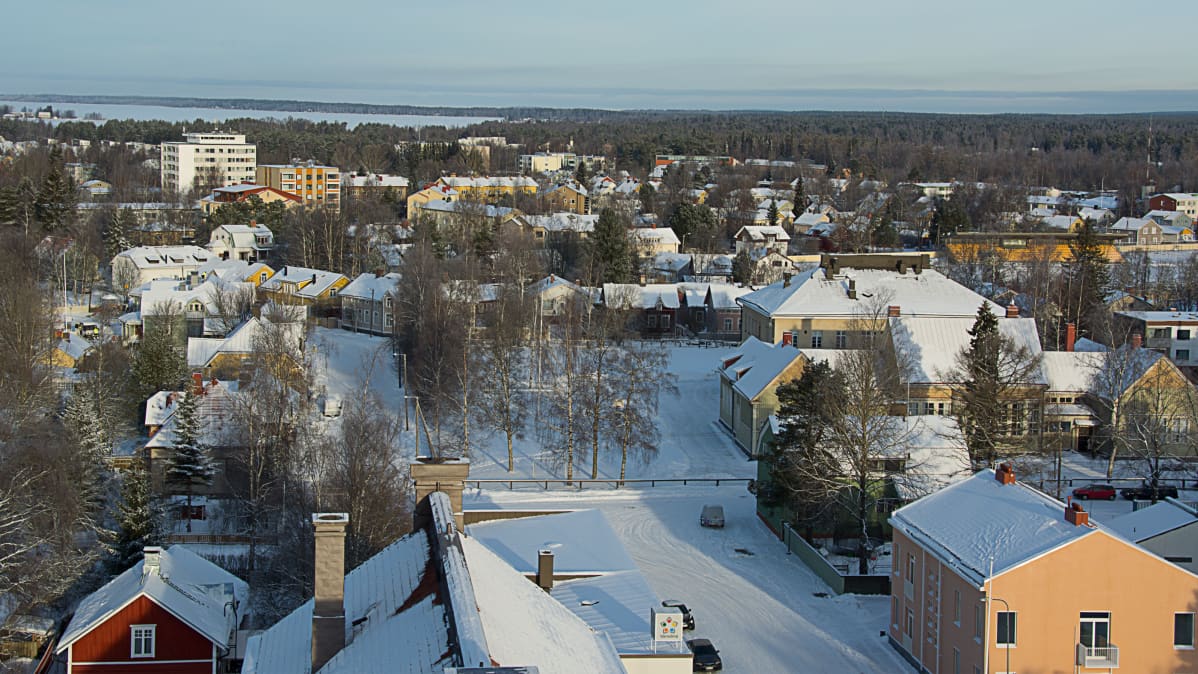 Kaupunkinäkymä vesitornistaMäntykankaan kaupunginosan yli merelle.