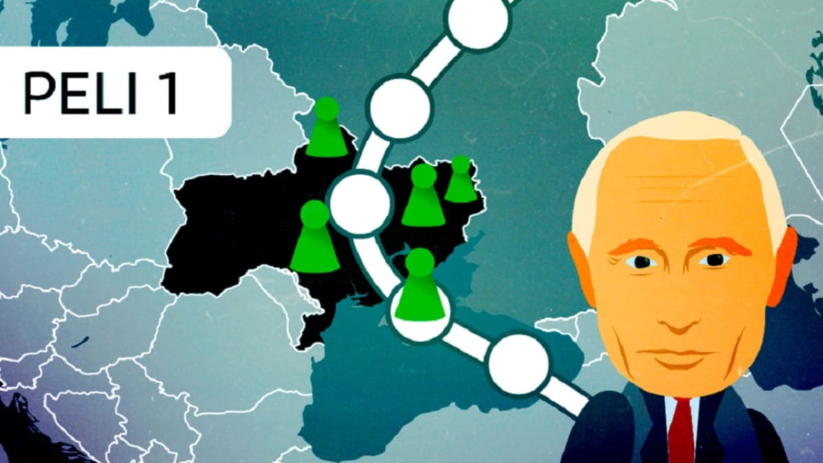 Putinin kuva pelilaudalla, jossa Ukrainan kartta.