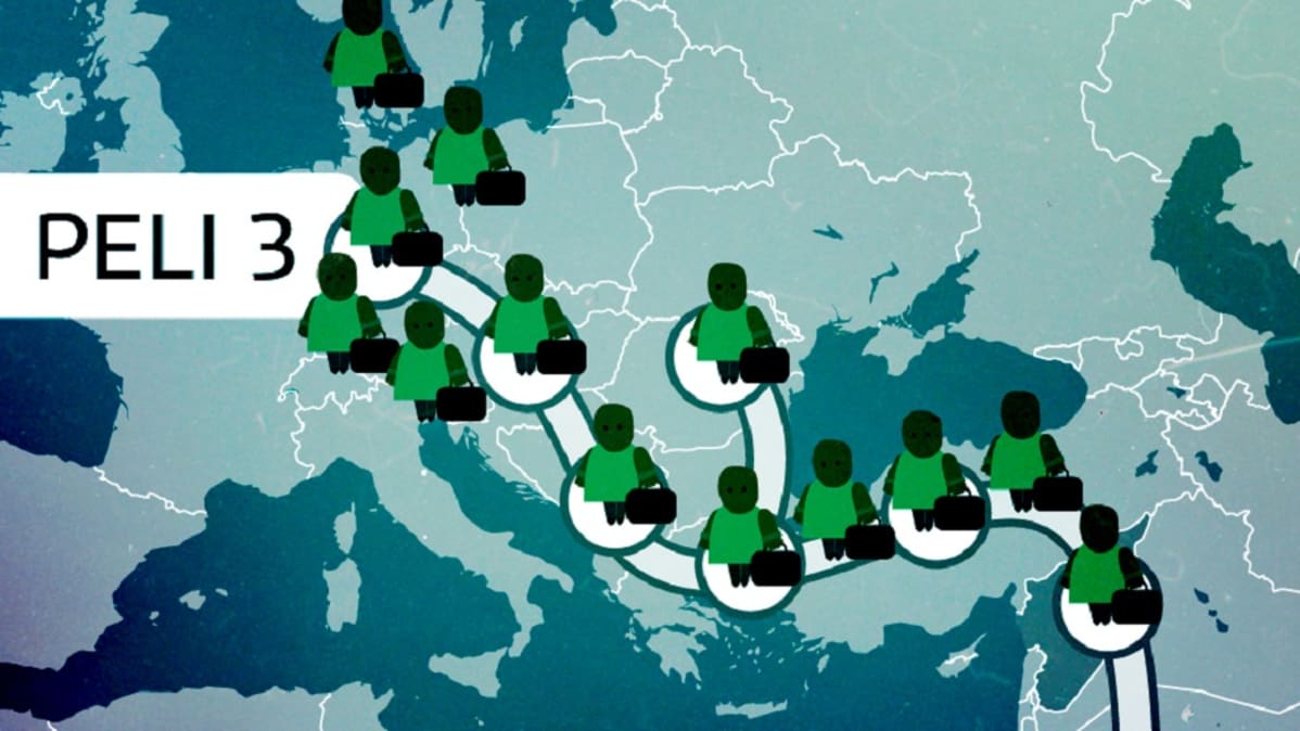 Pelilauta jossa ihmisiä kulkee turvapaikanhakijareittiä Euroopan halki.