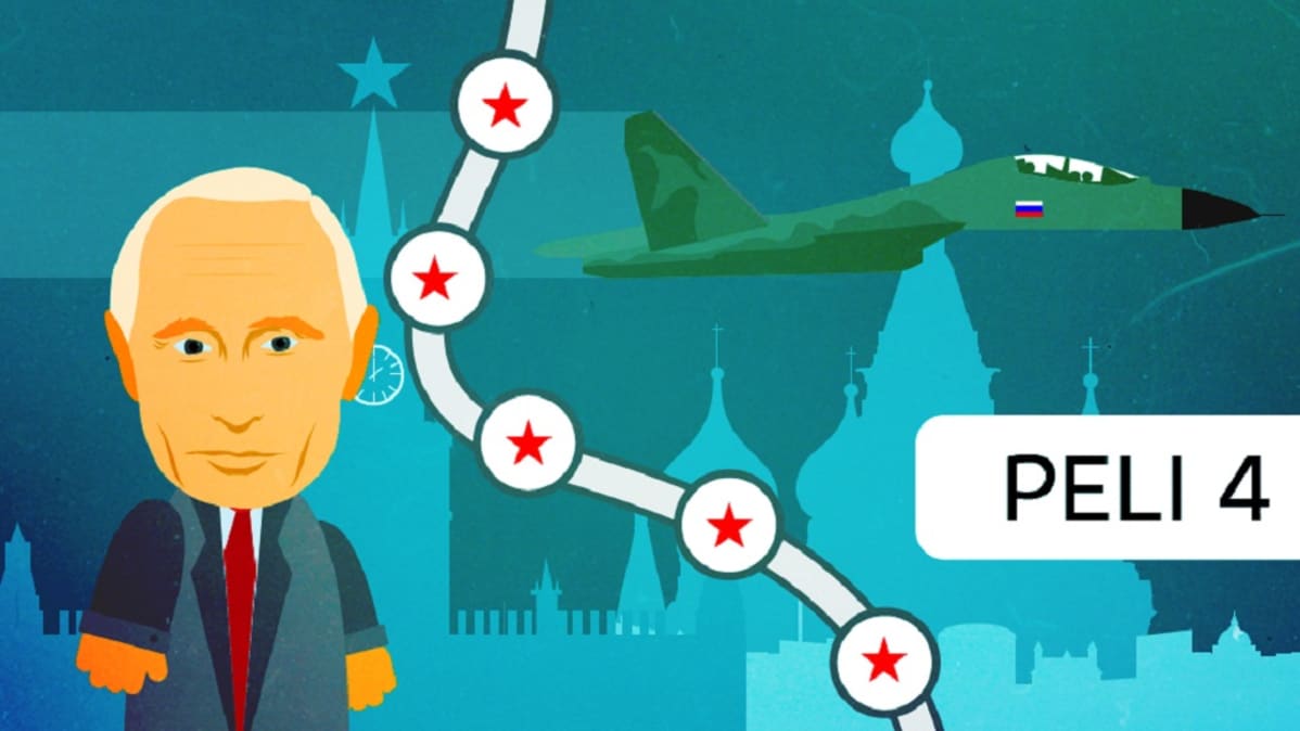 Kuva Putinista, taustalla pelilauta ja Moskovan silhuetti.