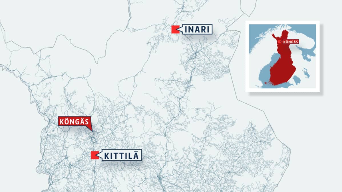 Kartta, johon merkitty Kittilä, Köngäs ja Inari.