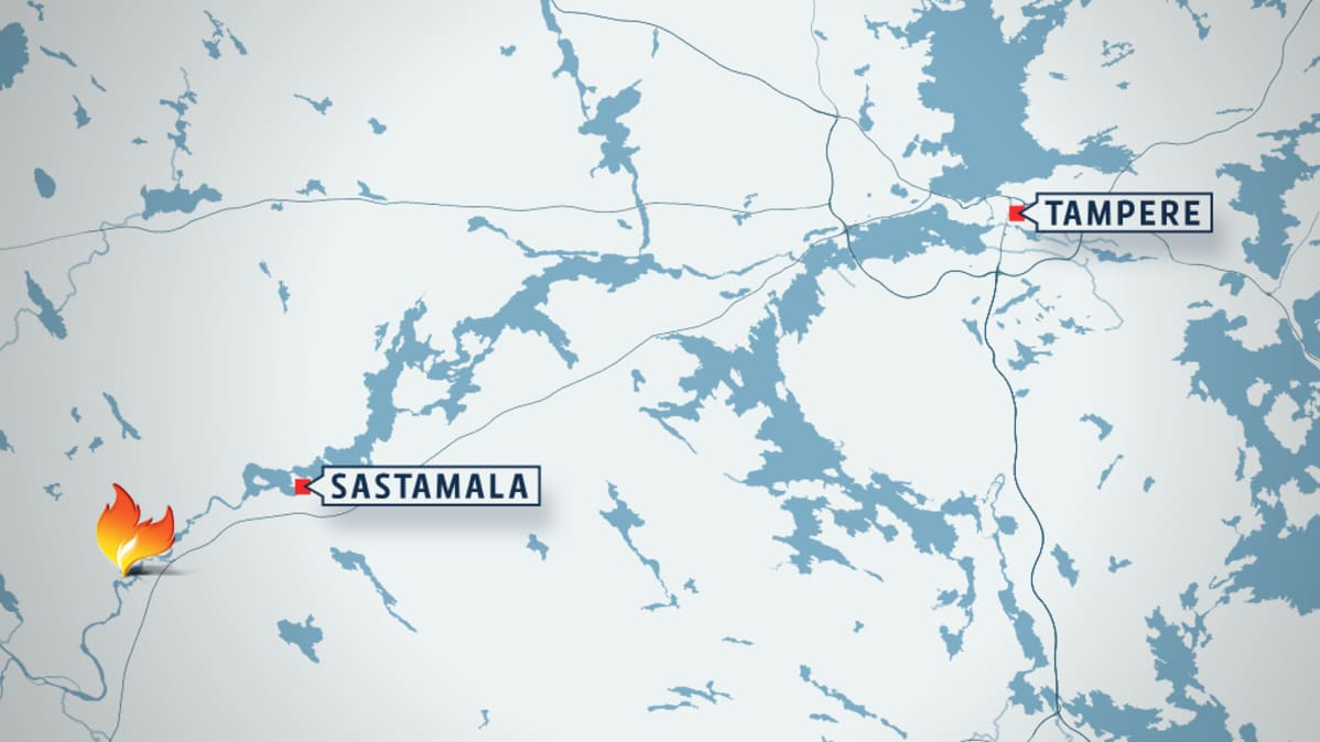Kartta, jossa näkyy tulipalopaikka Sastamalassa ja Tampere.