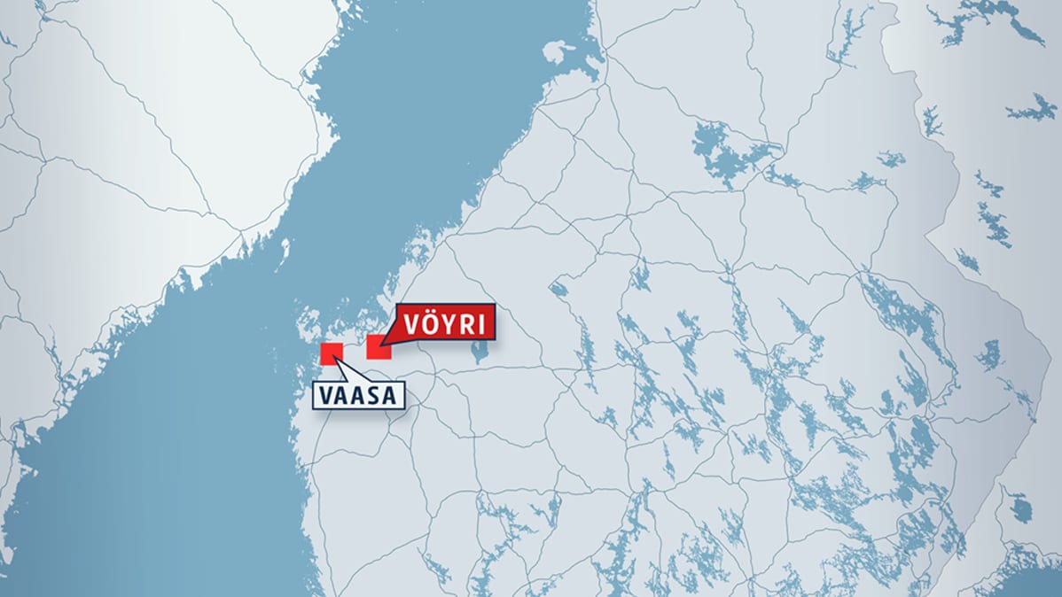 Suomen kartta jossa Vaasa ja Vöyri