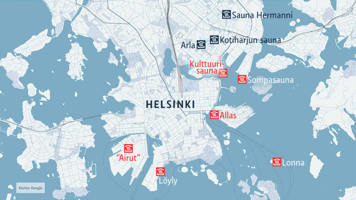 Helsingin saunat kartalla. Kartassa on muutama vielä rakenteilla oleva kohde.