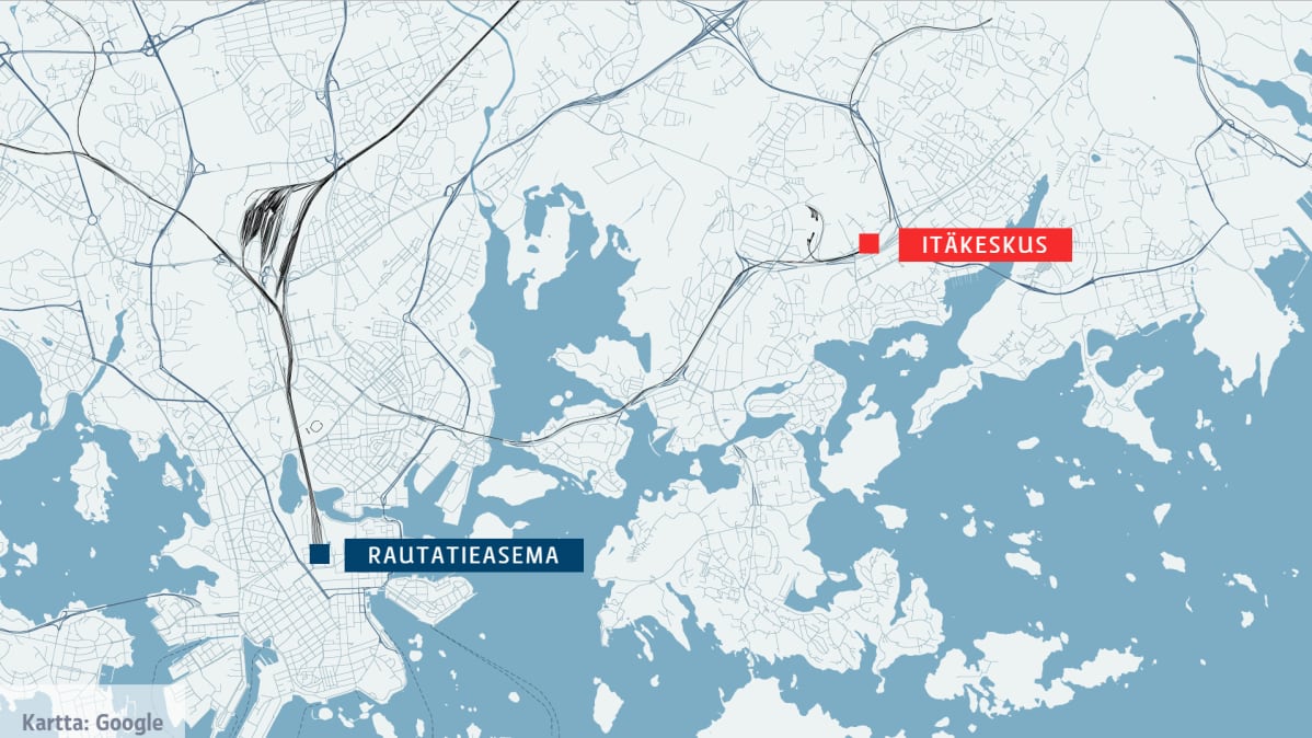 Kartta Itäkeskuksen sijainnista.