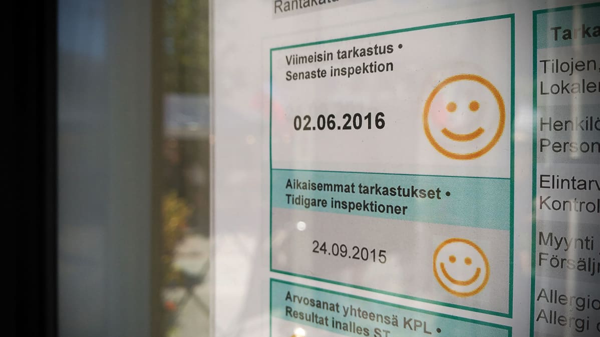 Oiva-raportti ravintolan ikkunassa.