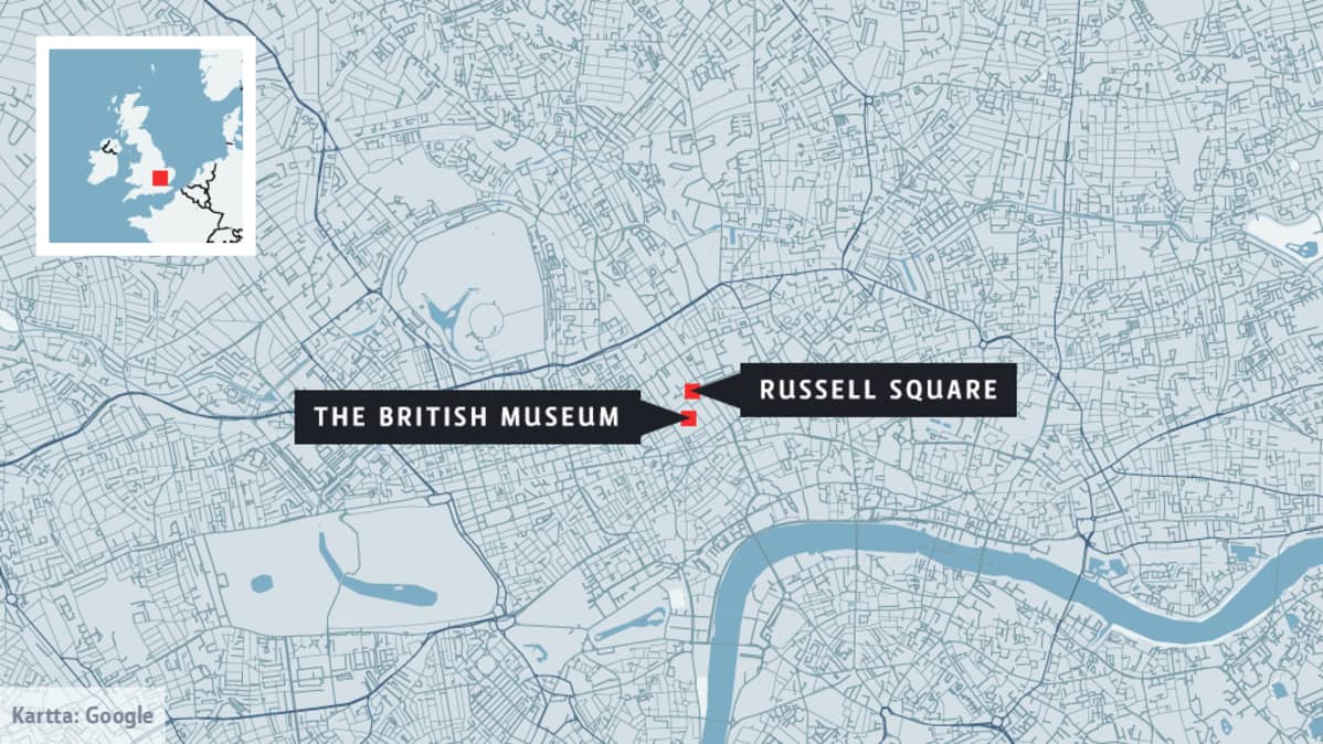 Lontoon kartta, johon on merkitty The British Museum ja Russell Square.