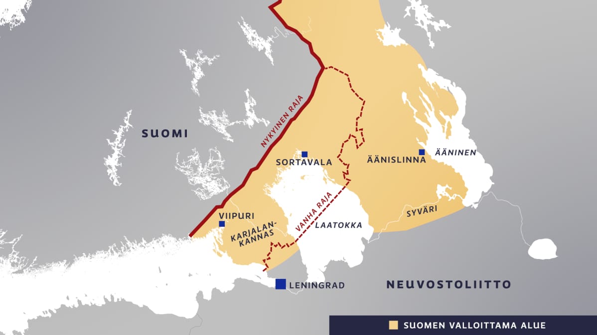 Kartta Suomen valloittamasta alueesta suurimmillaan vuosina 1939-44