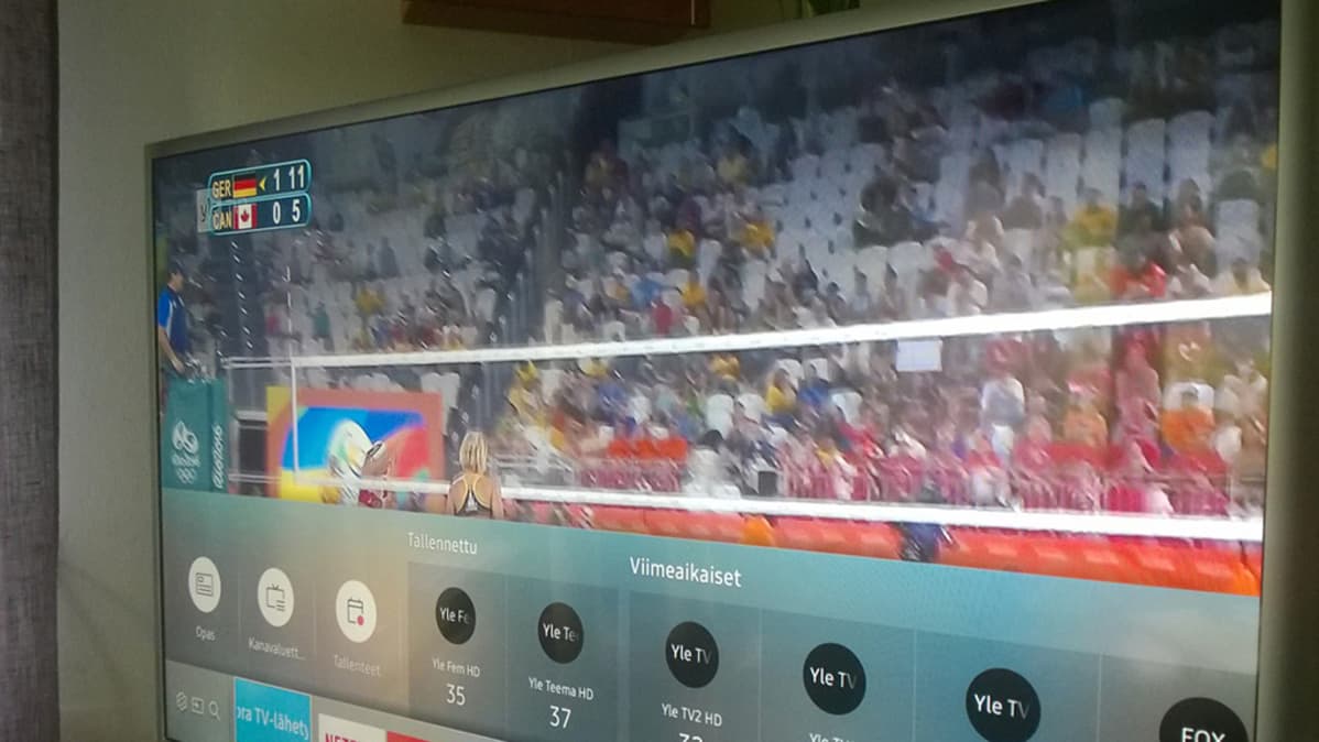Televisio, jossa näkyy kanavien valintapalkki.