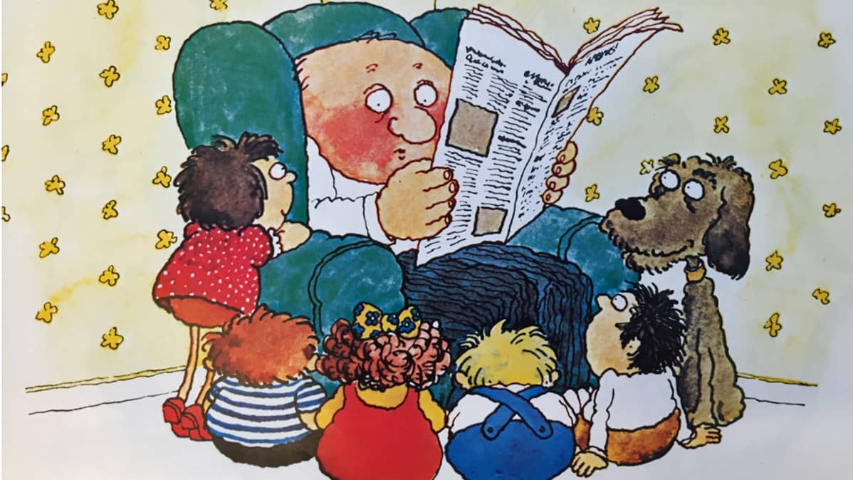 Piirroskuva, jossa mies lukee lehteä lasten ympäröimänä