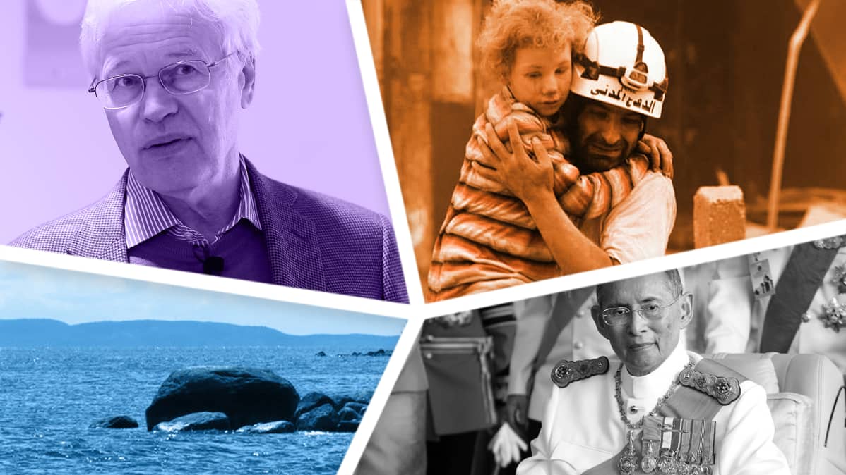 Kuvakollaasi jossa Bengt Holmström, lasta pelastetaan sodan jaloista Aleppossa, Suomenlahti ja Thaimaan edesmennyt kuningas.