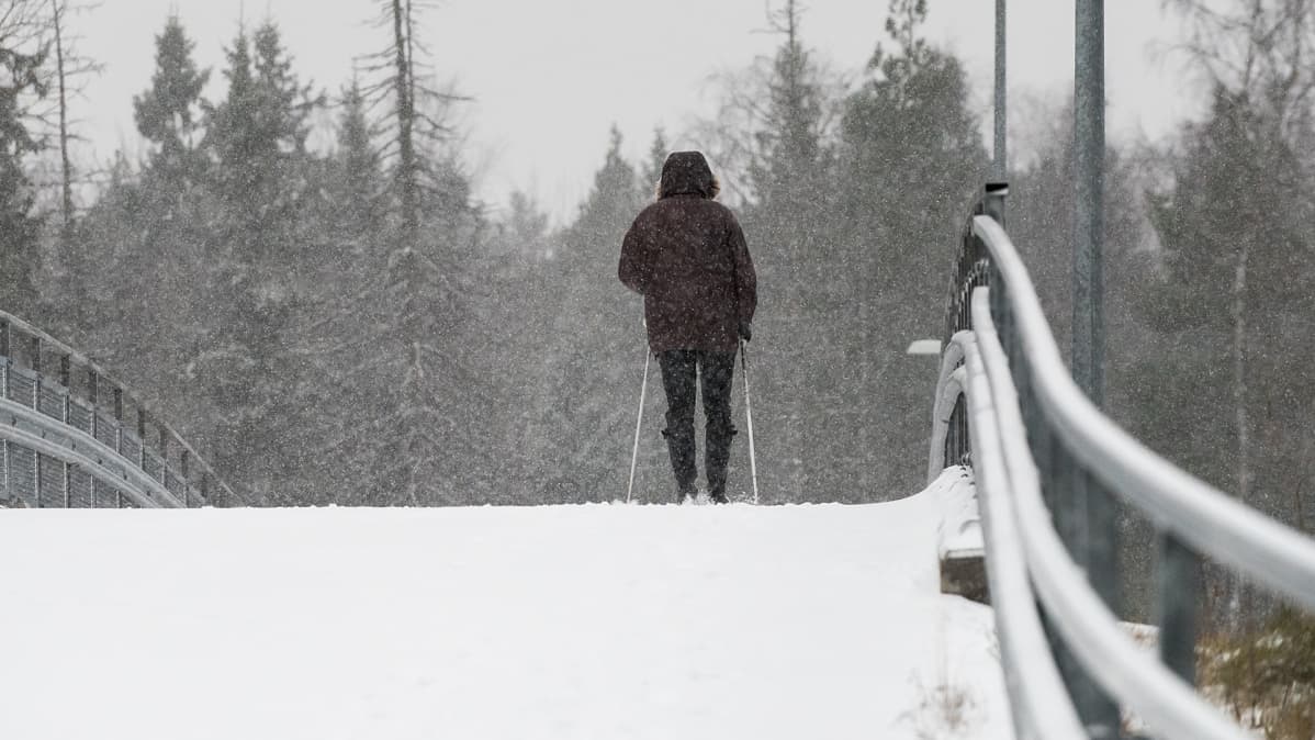 Nainen sauvakävelee lumipyryssä.