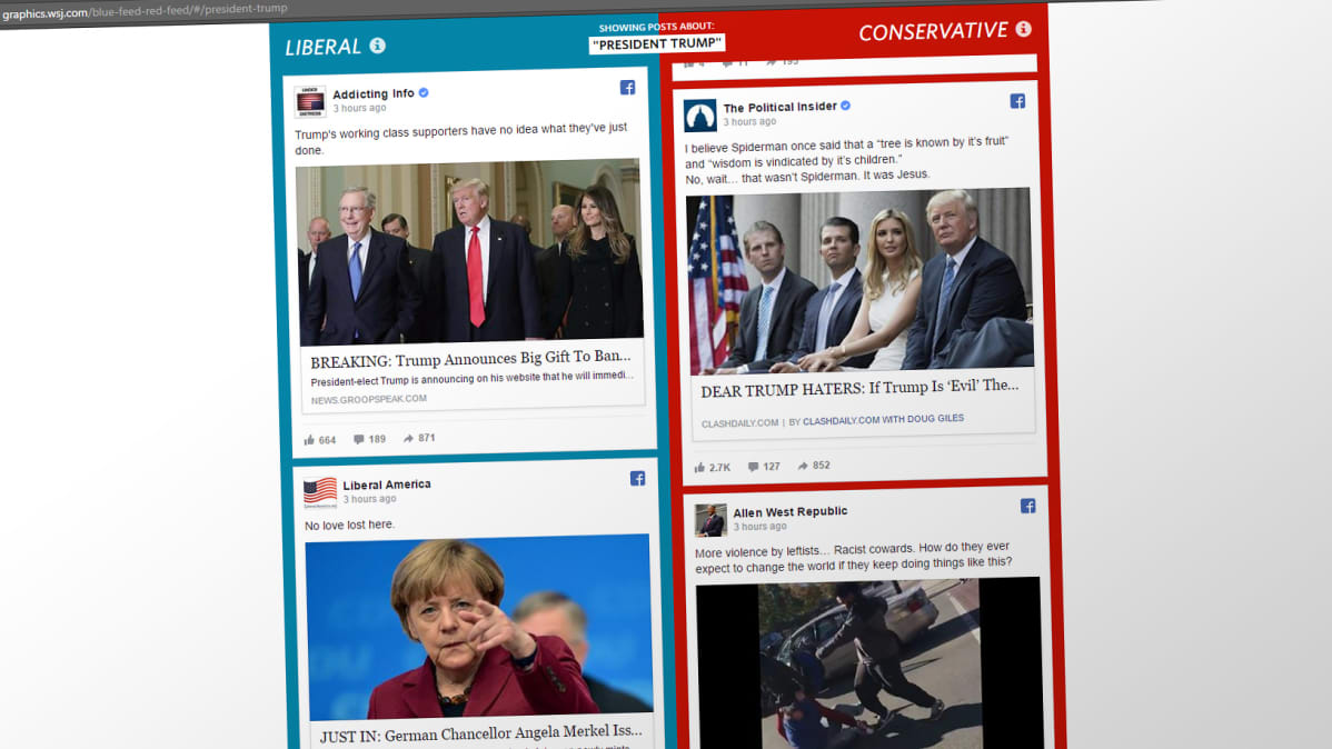 Kuvakaappaus http://graphics.wsj.com/blue-feed-red-feed -sivusta.