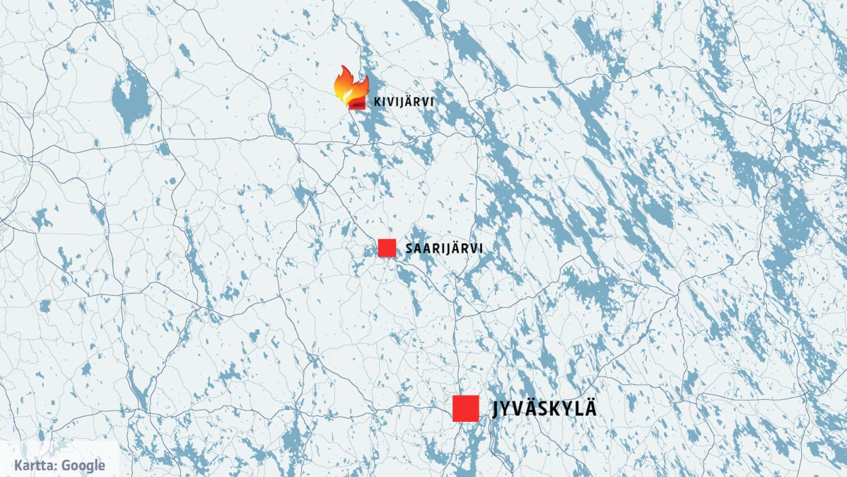 Kartta, johon on merkitty Jyväskylä, Saarijärvi ja Kivijärvi.