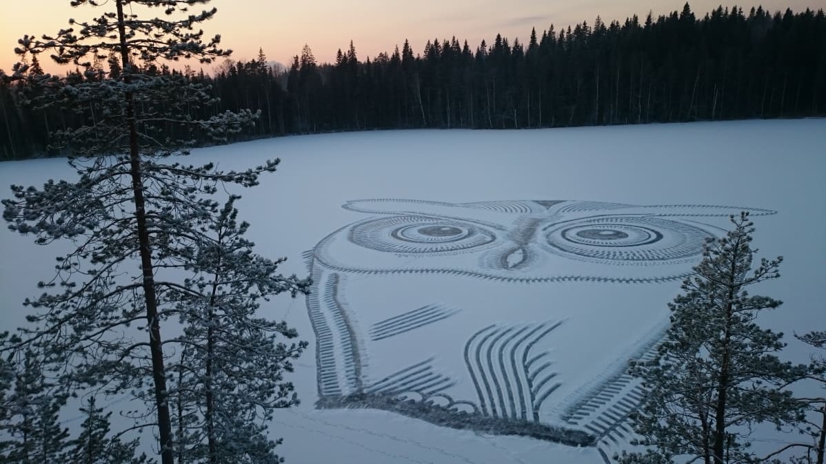 Pasi Widgrenin lumihankeen piirtämä jättimäinen pöllönkuva.