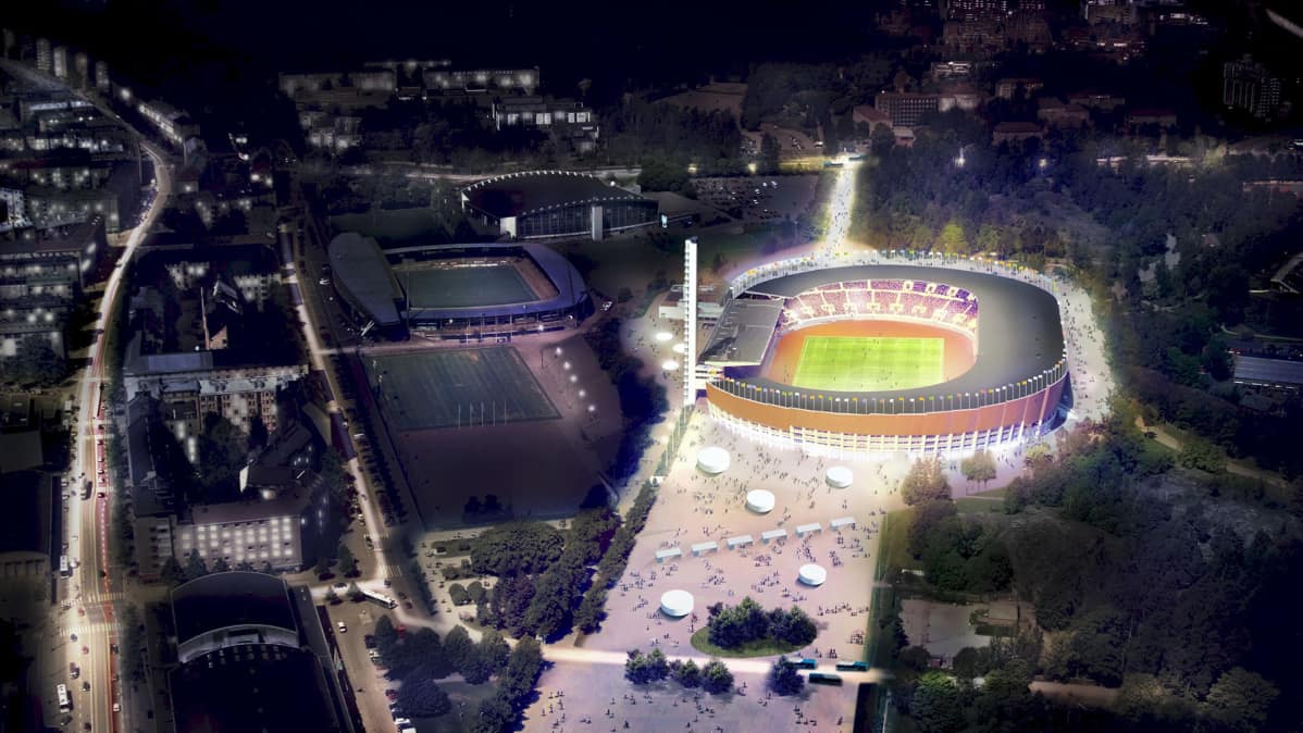 Havainnekuva uudistetusta Olympiastadionista.