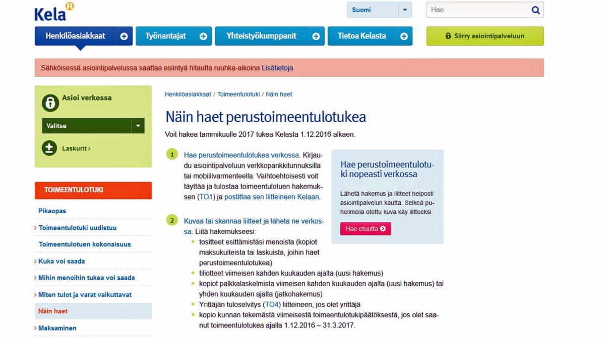 Kelan verkkosivuilla ohjeita toimeentulotuen hakemiseksi.