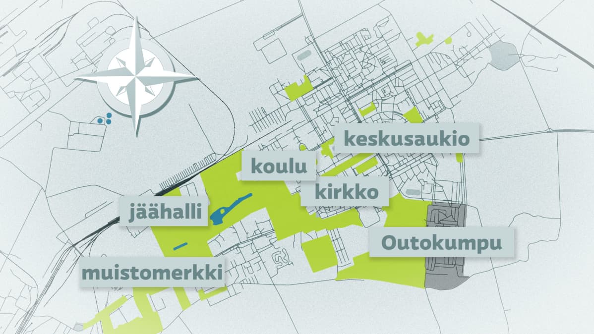 Kohtla-Järven kaupungin kartta, johon on merkitty keskeisiä paikkoja.