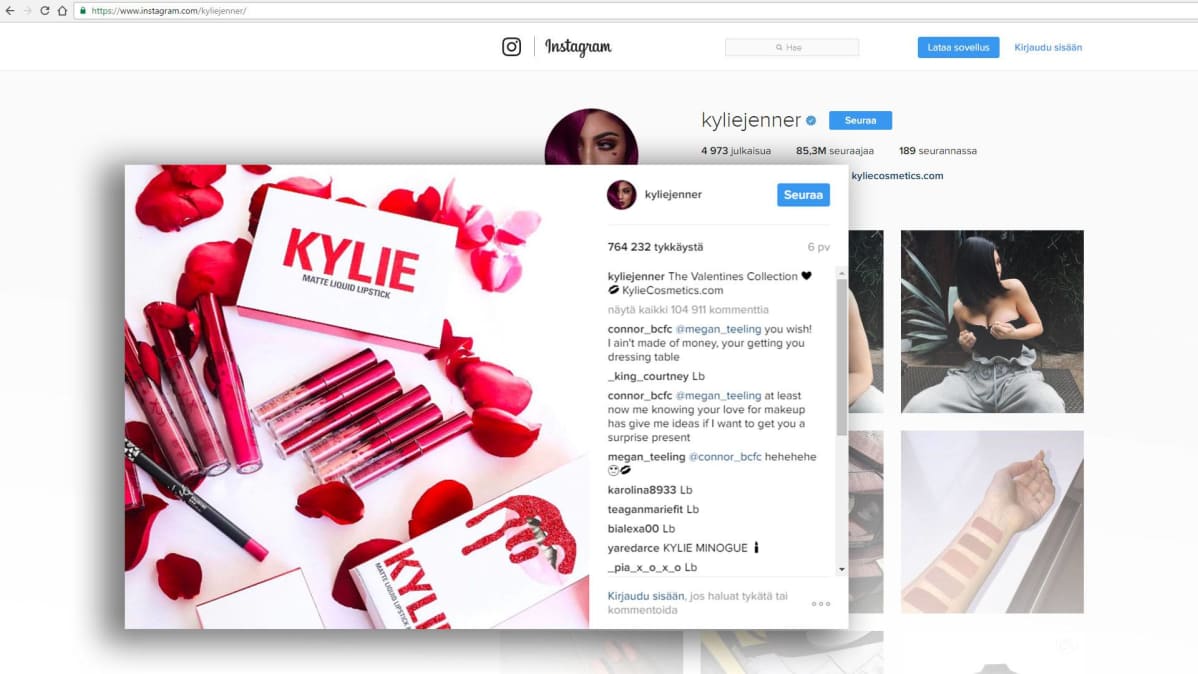 Kuvakaappaus Kylie Jennerin instagram-tililtä.