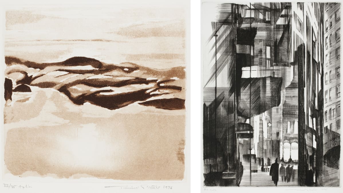 Tuulikki Pietilä: Varhainen aamu (Saaristo 17) (1976) ja City VIII (1975).