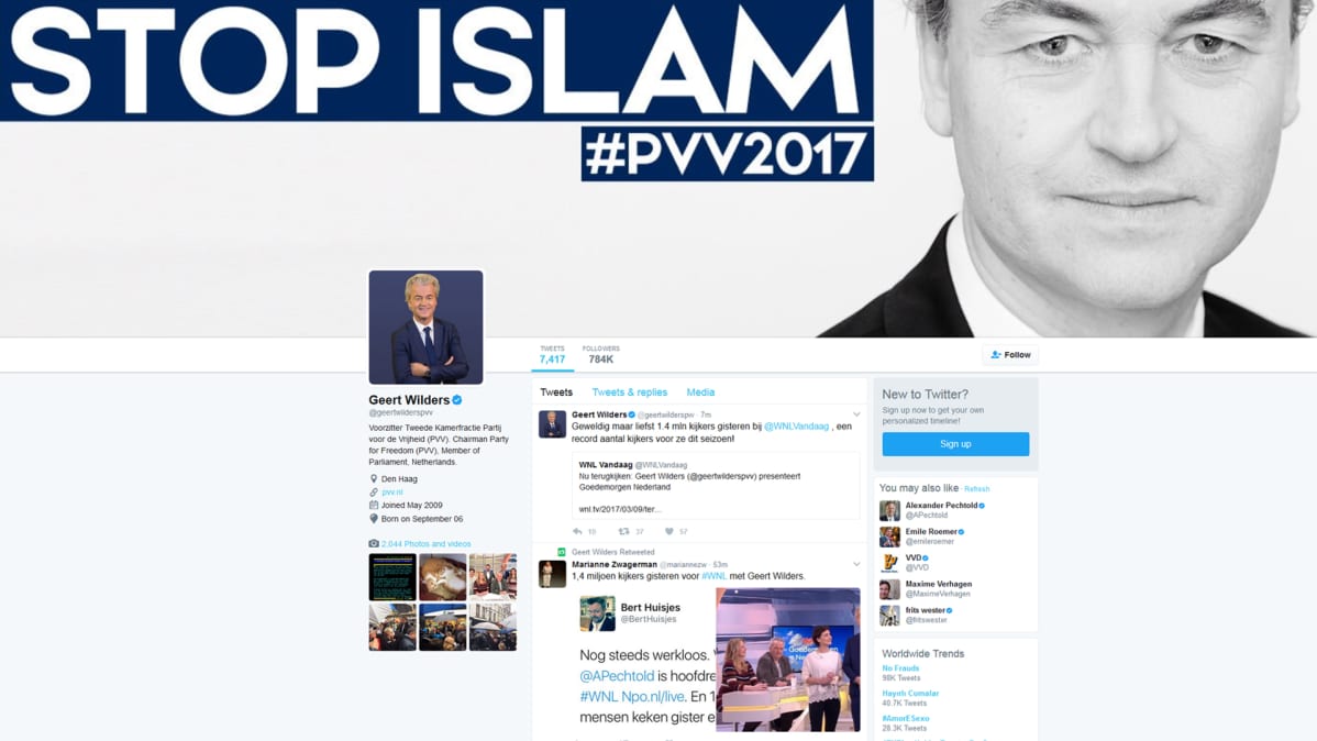 Kuvakaappaus Geert Wildersin Twitter-tililtä.