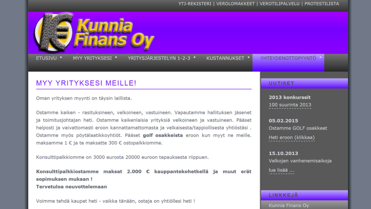 Kuvakaappaus Kunnia Finans Oy:n sivuilta.