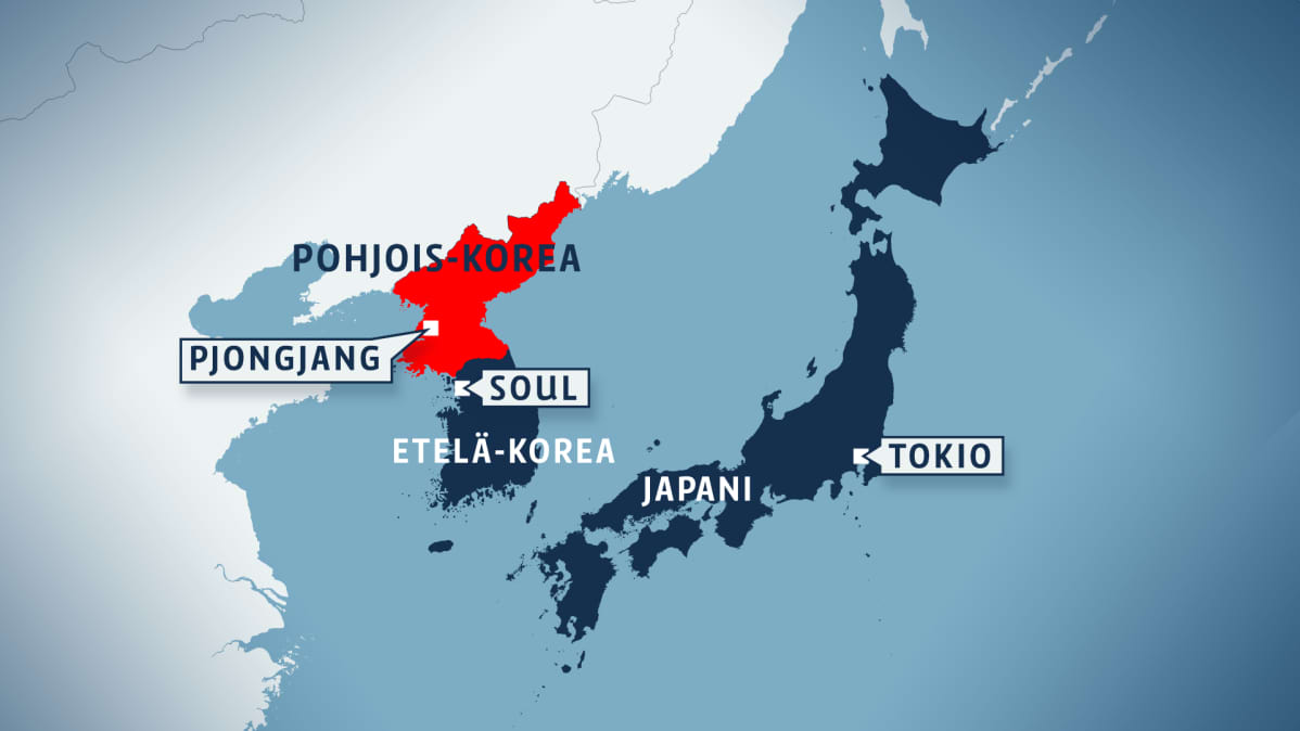 Kartta, jossa näkyy Etelä- ja Pohjois-Korean sijainnit suhteessa Japaniin.
