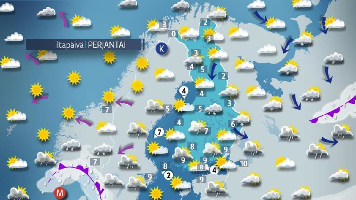Sääennuste perjantaille.