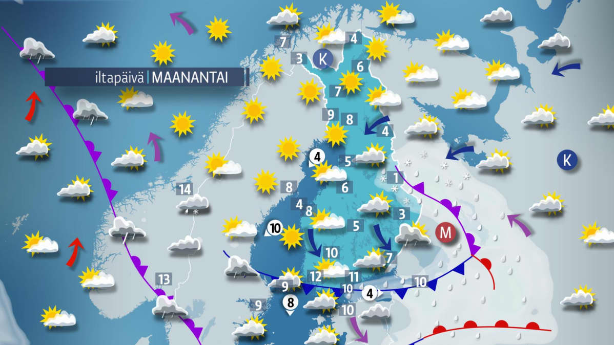 Sääkartta maanantaille 15. toukokuuta.