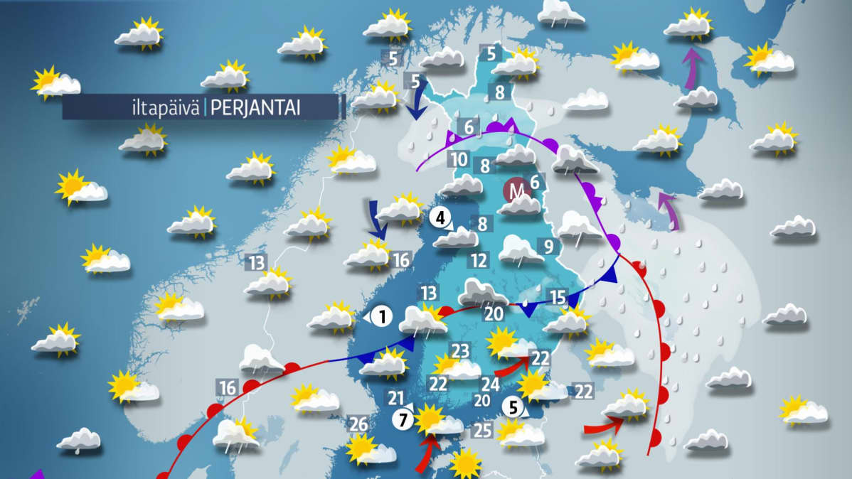 Iltapäivän sääkartta.