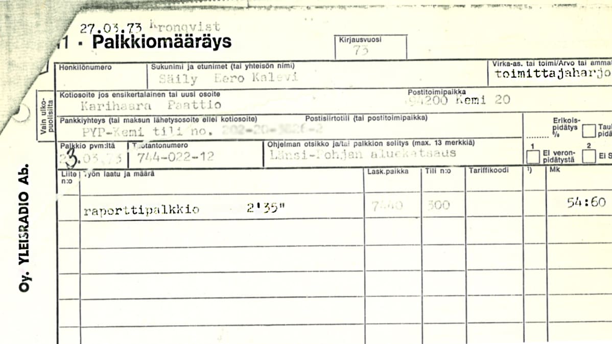 Eero Säilyn ensimmäinen palkkakuitti