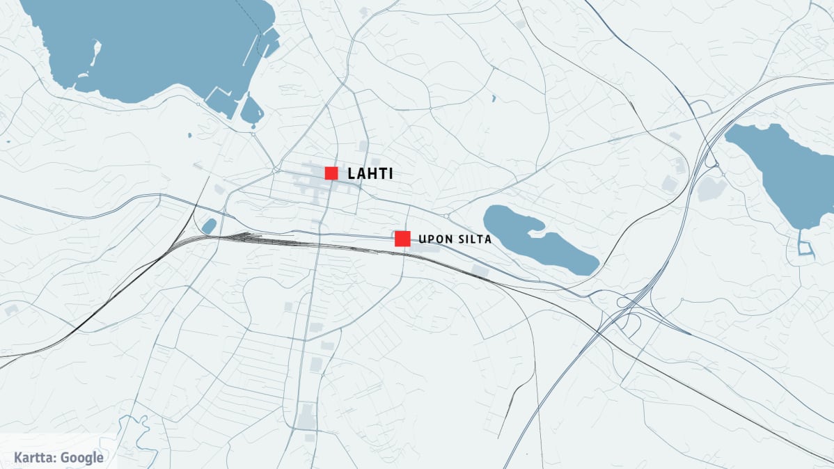 Kartta, jossa näkyy Lahden keskusta ja Upon silta.
