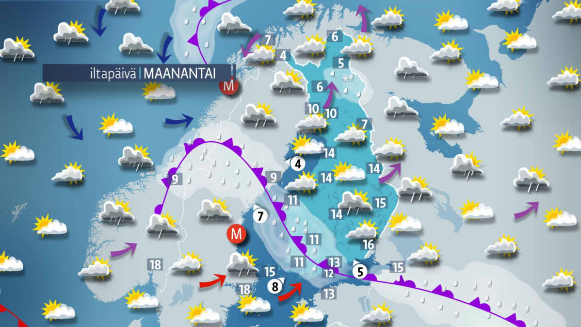 Maanantain sääkartta.