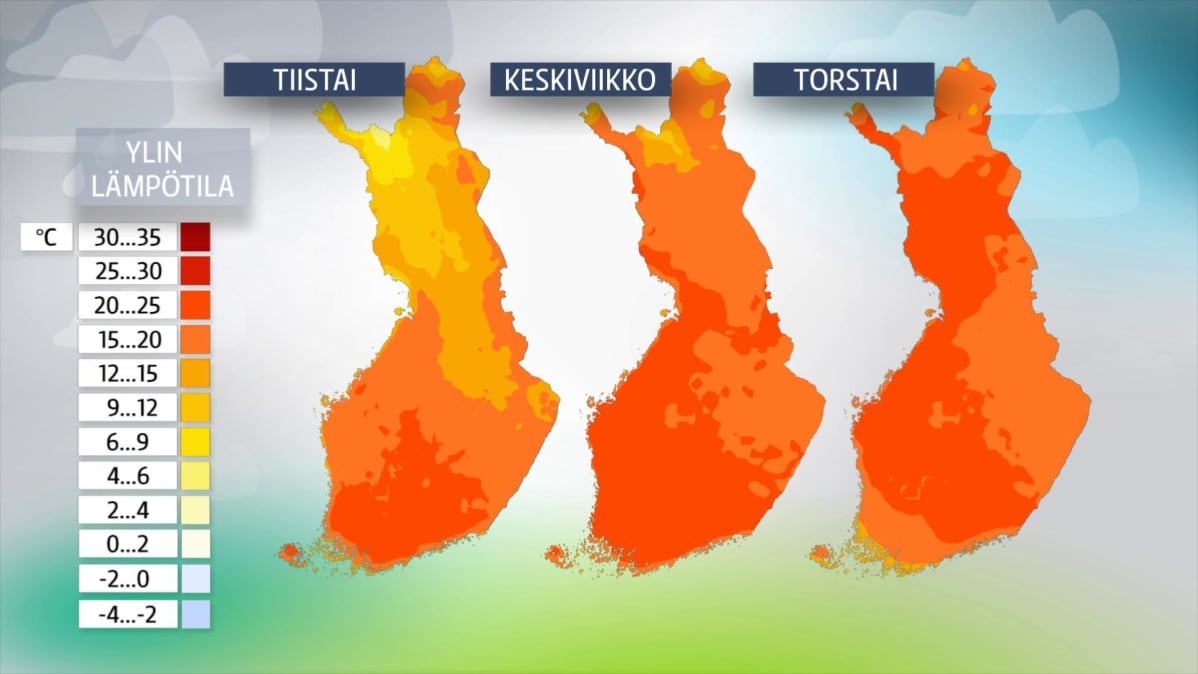 Lämpötilakartata tiistaista torstaihin.