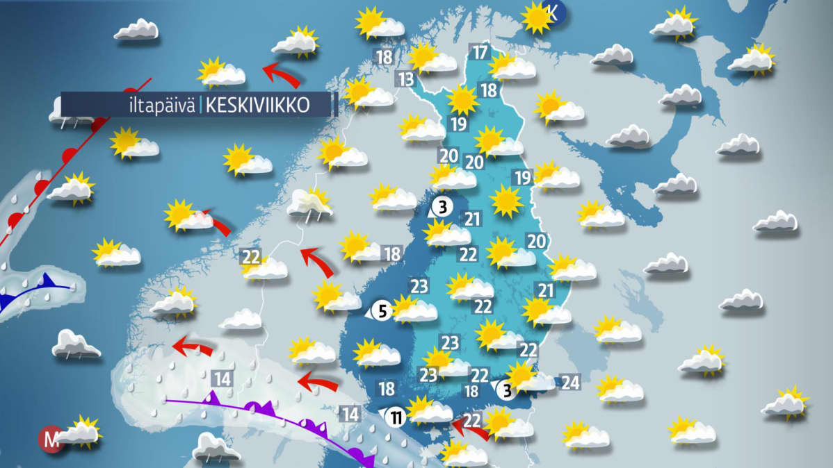 Iltapäivän sääkartta.