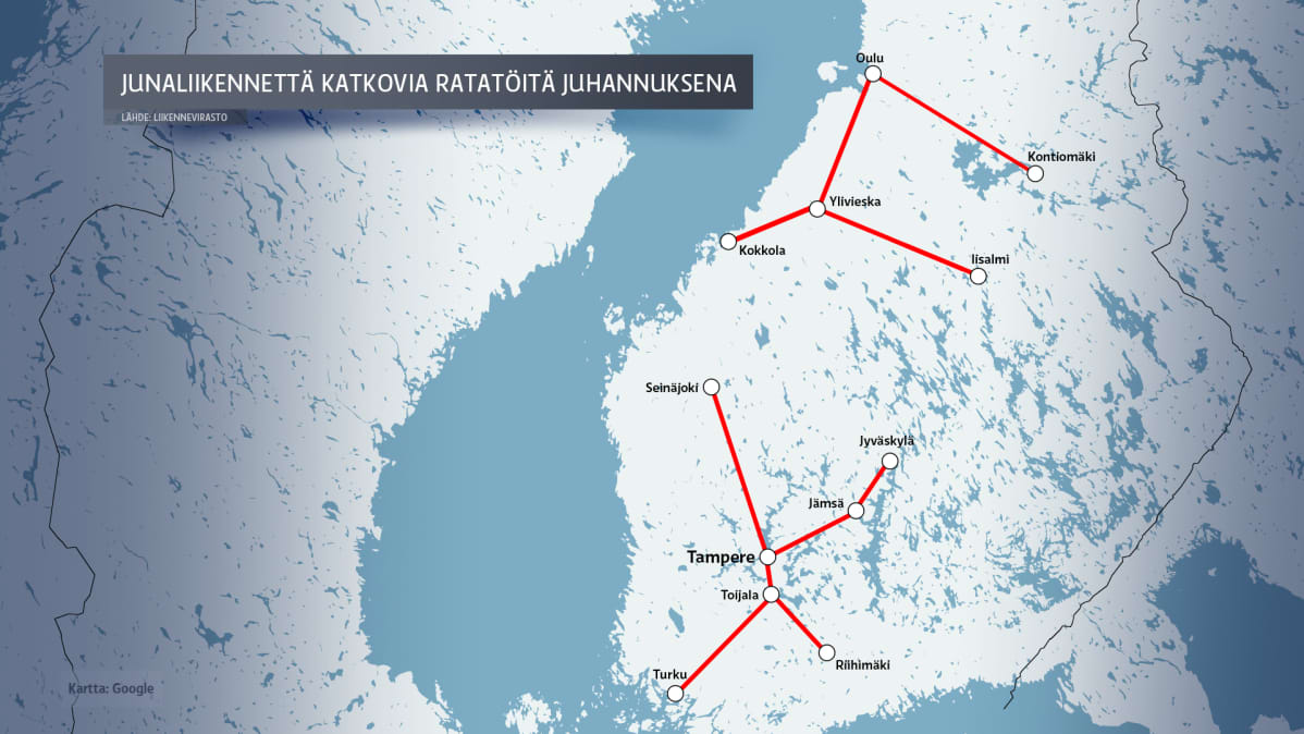 Kuvasa karttagrafiikka juhannuksen ratatyömaista.