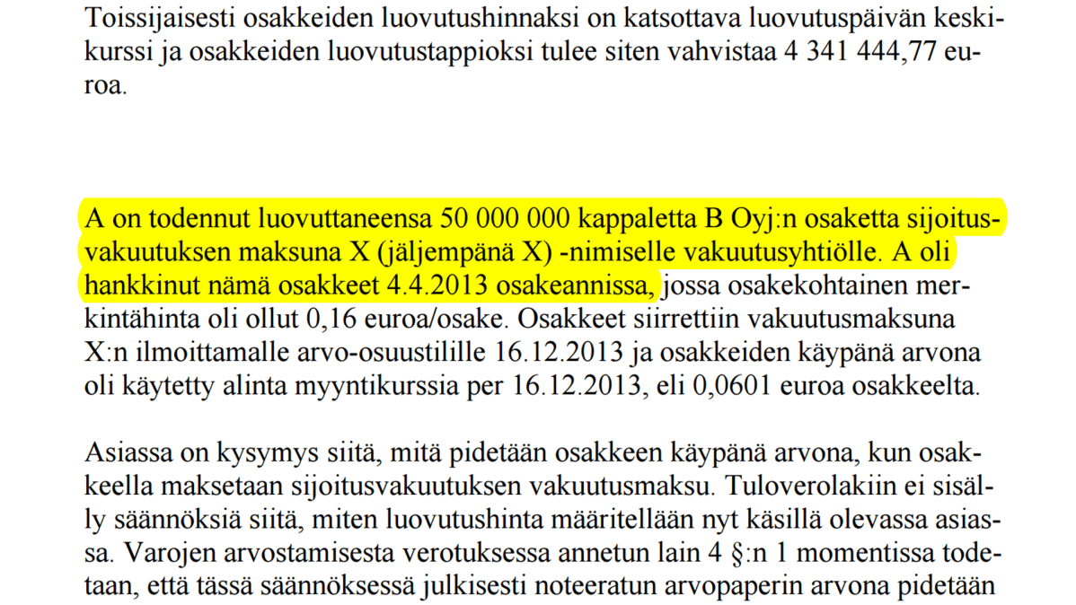 Kuvakaappaus hallinto-oikeuden päätöksestä koskien Pekka Perän verotusta.