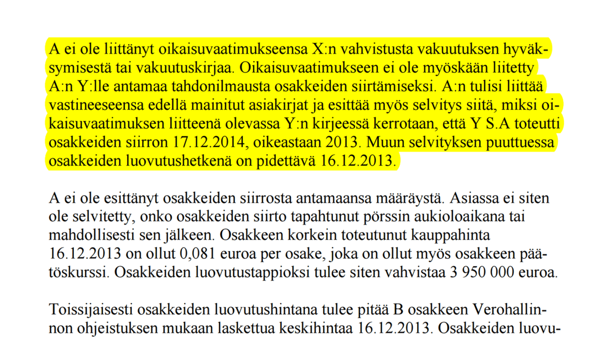 Kuvakaappaus hallinto-oikeuden päätöksestä koskien Pekka Perän verotusta.