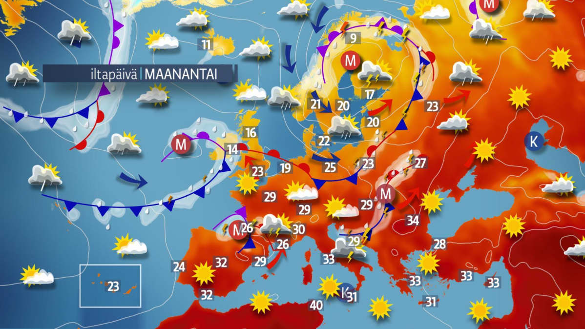 Maanantain sääkartta.
