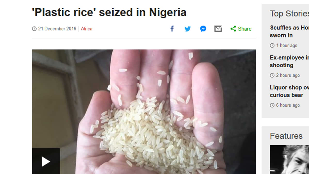 Kuvakaappaus bbc.com-nettisivuilta jutusta, joka käsittelee muoviriisin tuontia Kiinasta Nigeriaan.