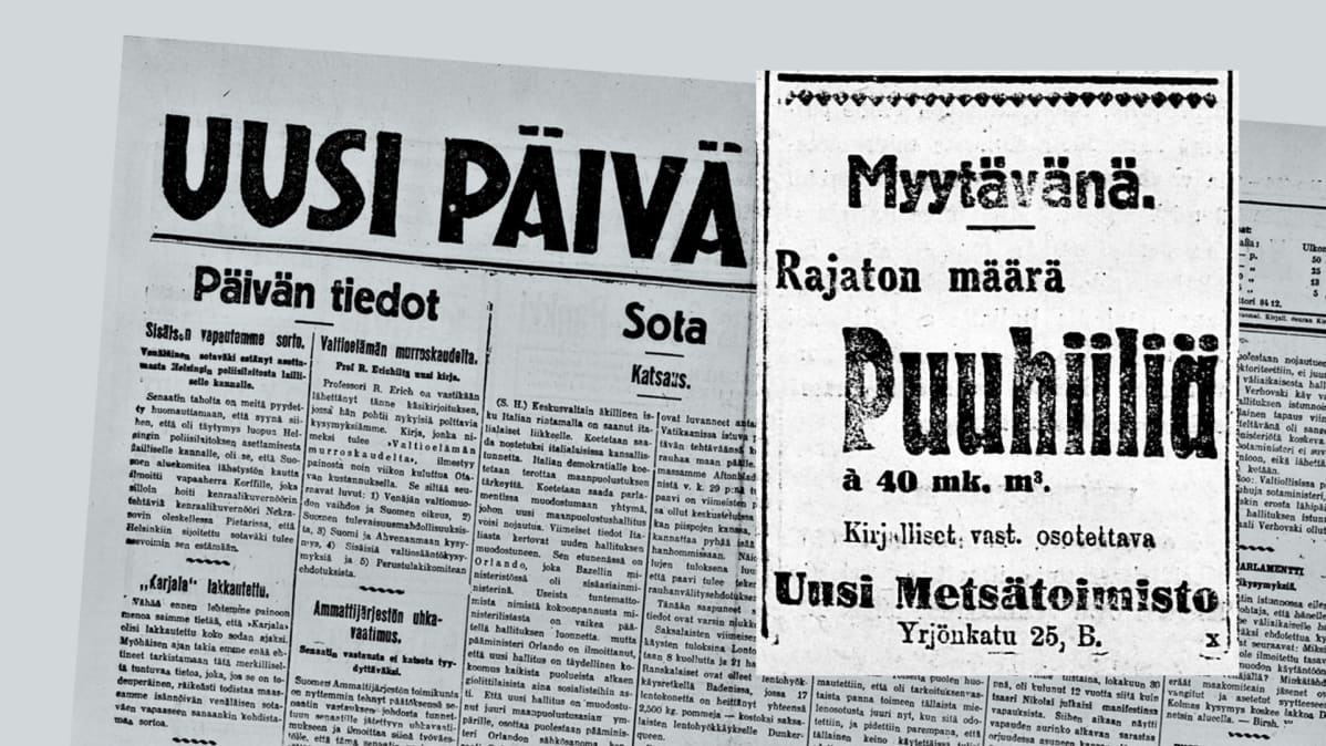 Sanomalehti-ilmoitus Uusi Päivää lehdestä.