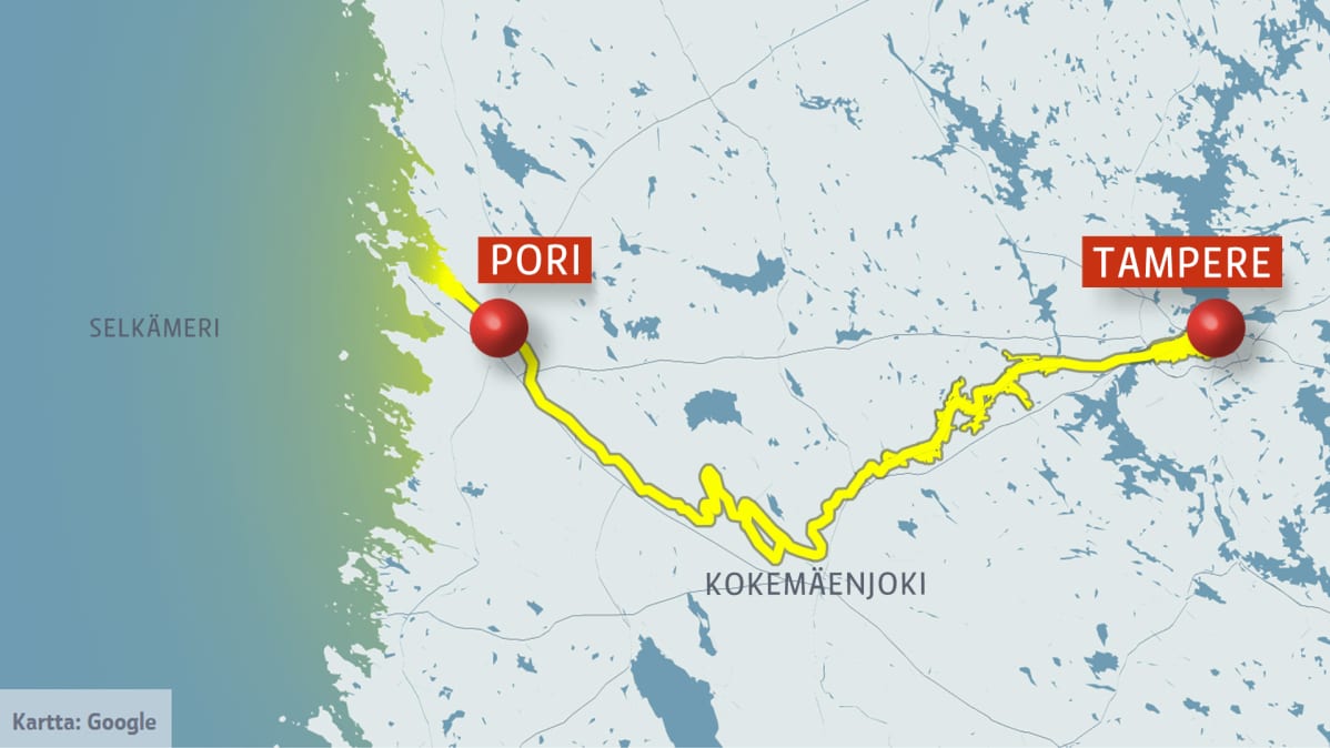 Uutisgrafiikka Tampereen typpipäästöjen valumisesta Kokemäkijokea pitkin Itämereen.