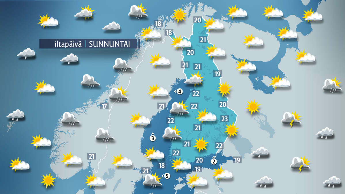 Sääkartta sunnuntaille 9. heinäkuuta.